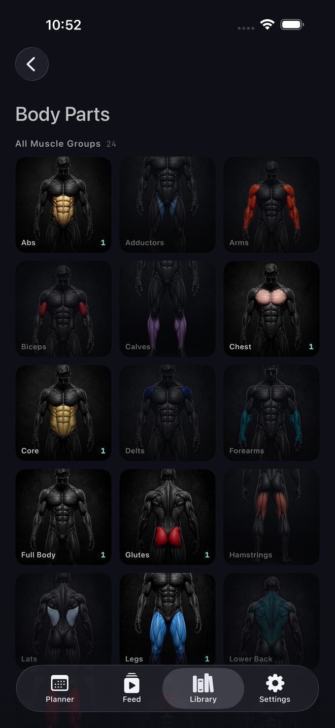 Body Parts — every clip sorted by muscle group