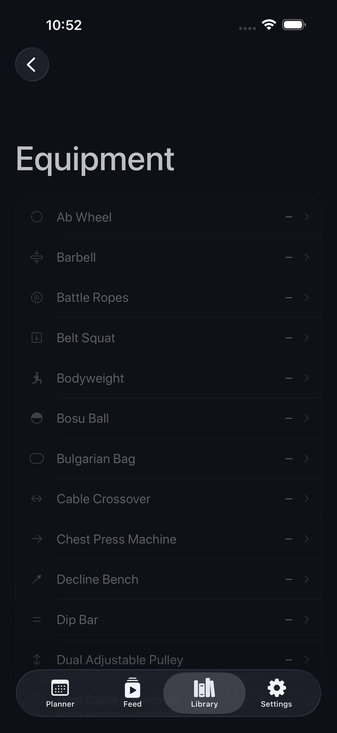 Equipment — filter workouts by the gear you own