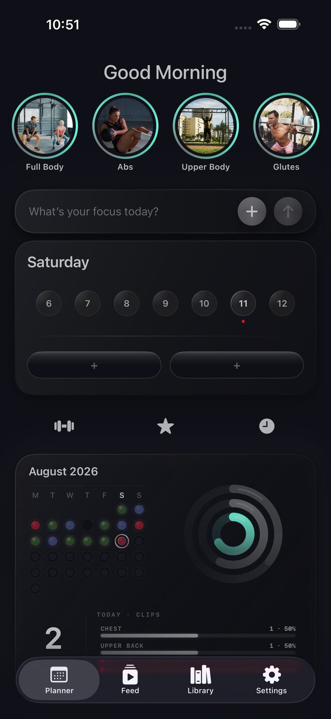 Planner — dot-matrix calendar and fitness rings